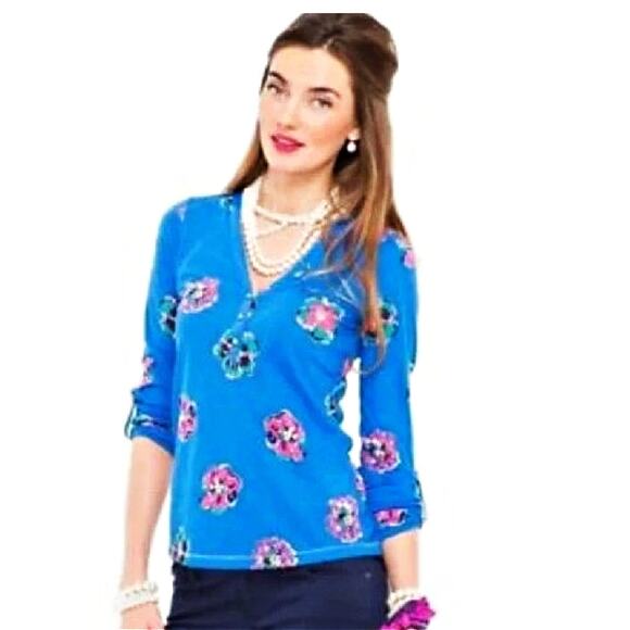Lilly Pulitzer Janelle Roll Tab Sleeve Top Of Corsage Royce Blue - Picture 1 of 9